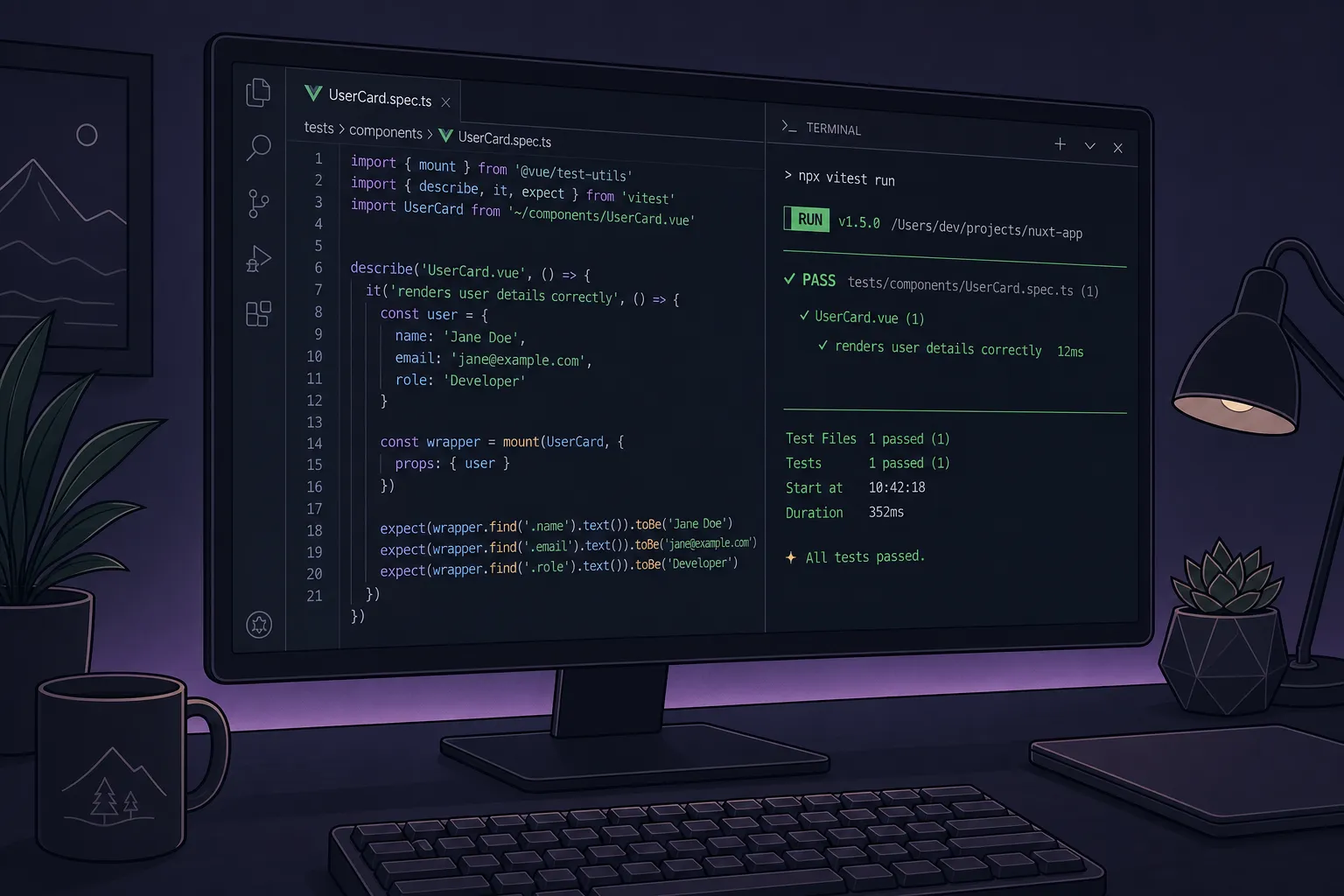 Set up nuxt test-utils with Vitest, write component, server, and browser tests for Nuxt 3, and avoid flaky suites with clear, concrete patterns.